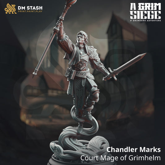 Chandler Marks - Court Mage of Grimhelm | A Grim Siege | DM STASH | High Quality Resin | Magic, Wizard, Sorcerer, Male, Staff, Sword, Human