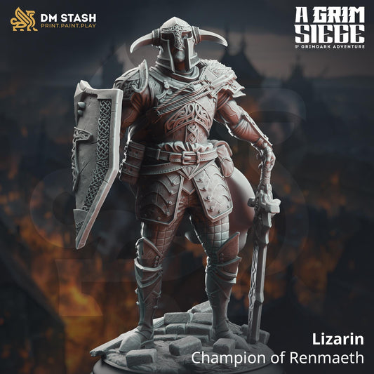 Lizarin - Champion of Renmaeth | A Grim Siege | DM STASH | High Quality Resin | Shield, North, Viking, Horns, Greatsword, Northen, Winter