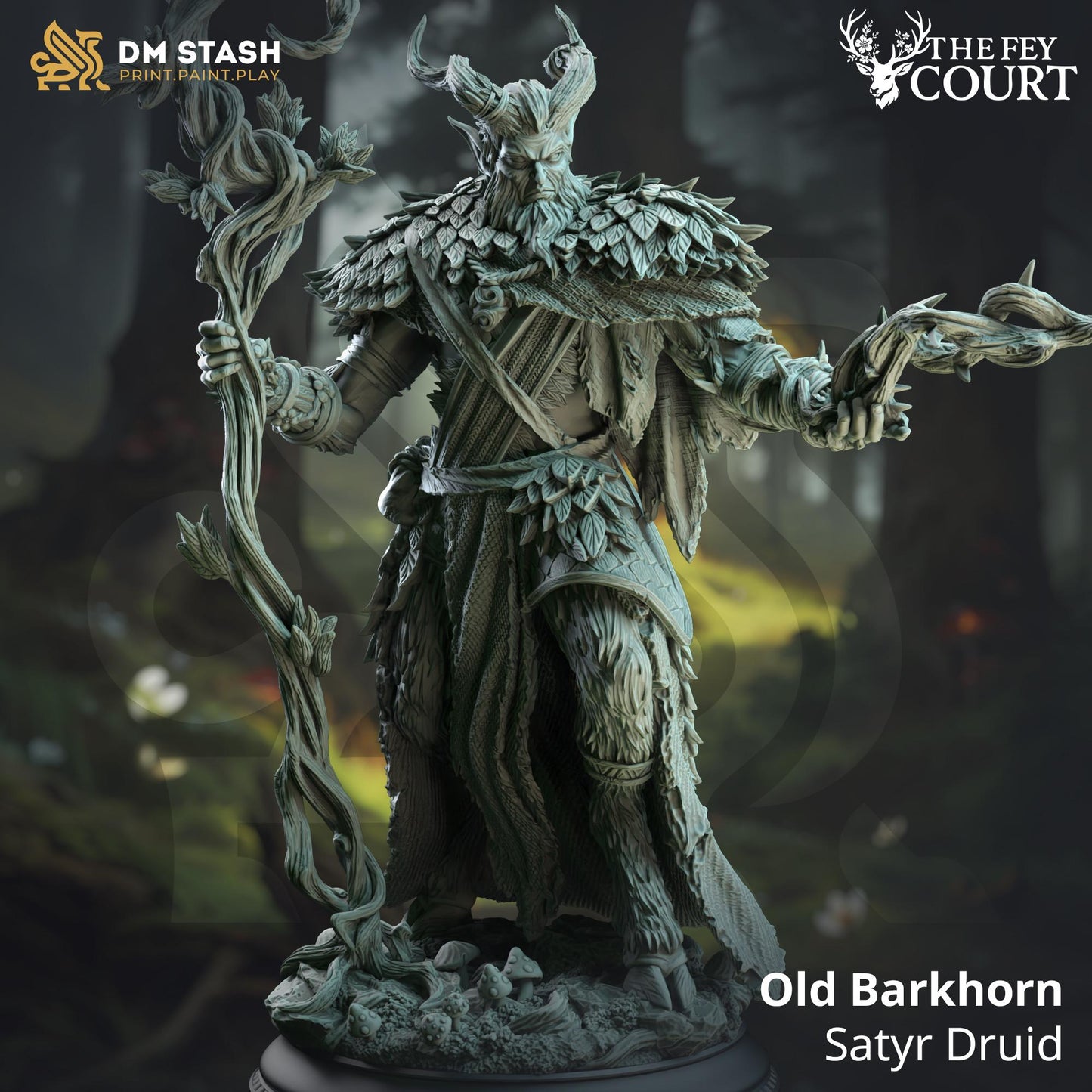 Old Barkhorn - Satyr Druid (Medium) | DM Stash | A Fey Court | Tiefling, Horns, Cloven, Hooves, Centaur, Healer, Cleric, Staff, Magic, Leaf