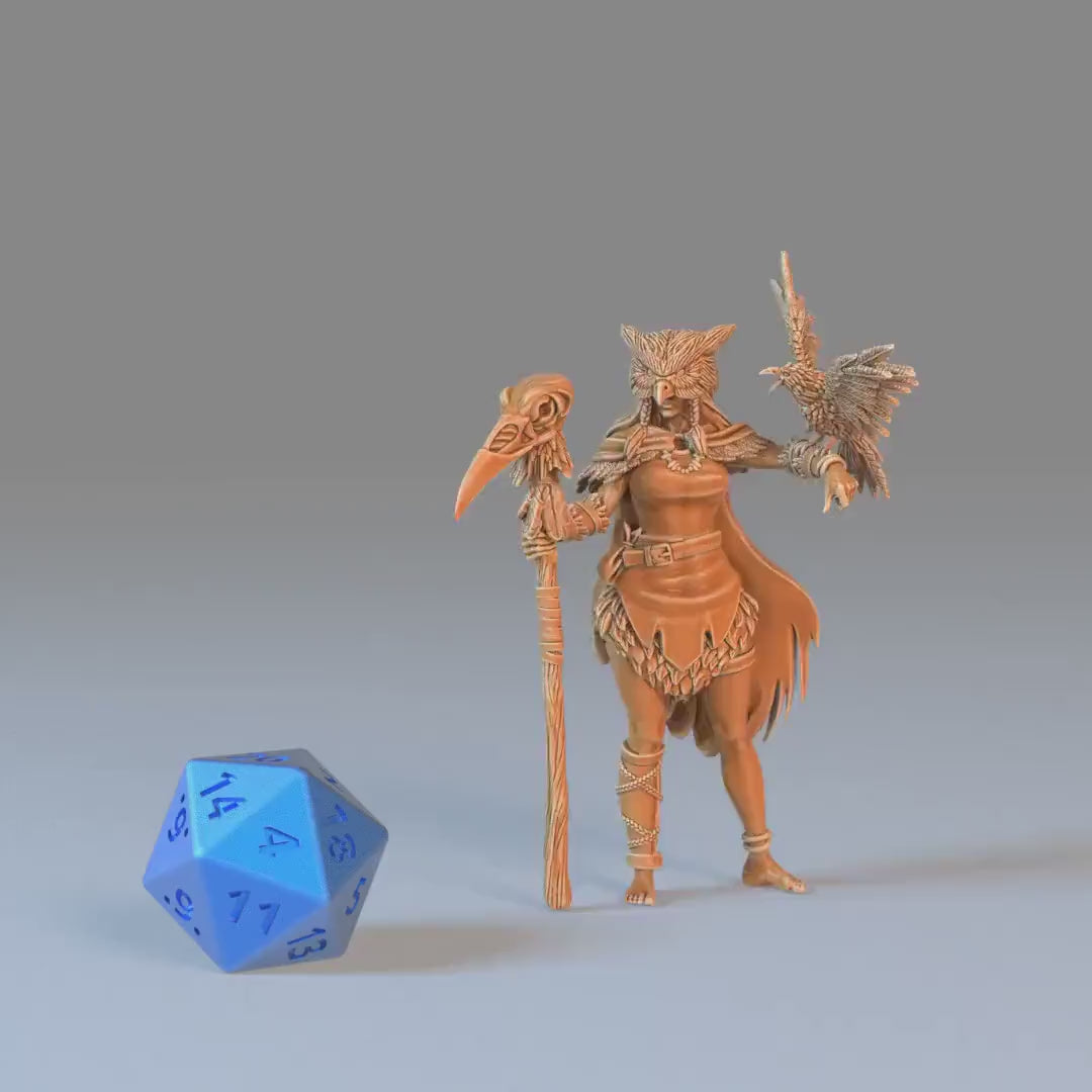 Owlbear Druid (Medium) | Premium DnD Minis with High Quality Resin | EPIC | 28mm | Owl Bear, Pelt, Fur Clothing, Crow, Branch, Staff, Witch