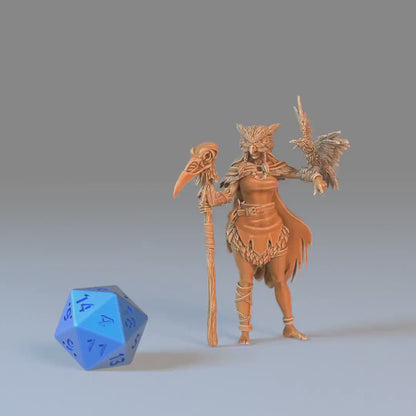 Owlbear Druid (Medium) | Premium DnD Minis with High Quality Resin | EPIC | 28mm | Owl Bear, Pelt, Fur Clothing, Crow, Branch, Staff, Witch