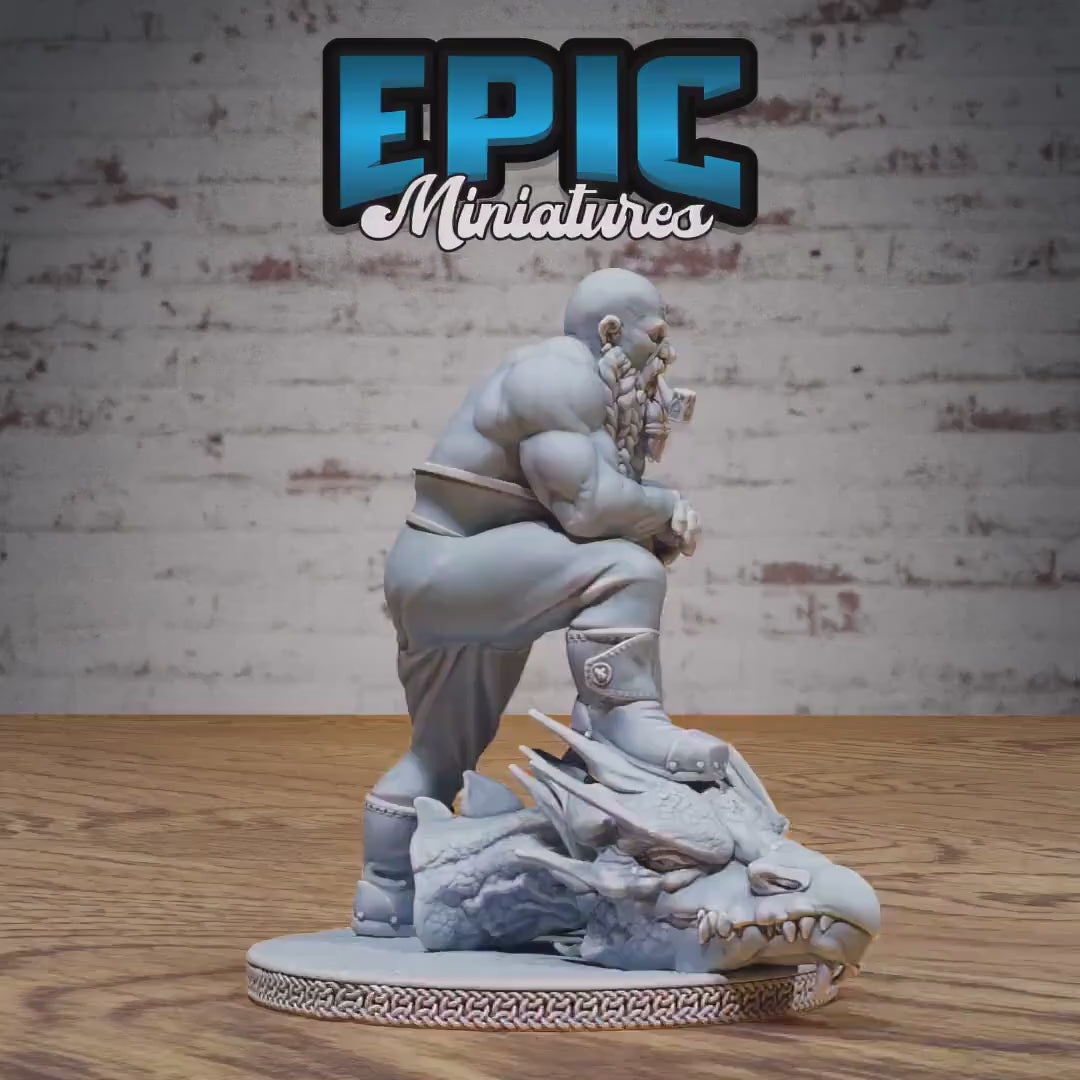 Male Dwarf Dragon Slayer | Premium DnD Miniatures High Quality Resin | Fantasy, Dragon Head, Battle Axe, Bald, Braided Beard