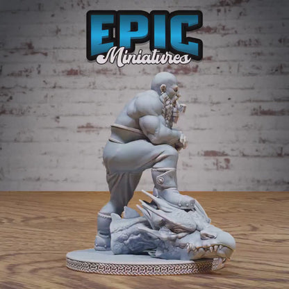 Male Dwarf Dragon Slayer | Premium DnD Miniatures High Quality Resin | Fantasy, Dragon Head, Battle Axe, Bald, Braided Beard